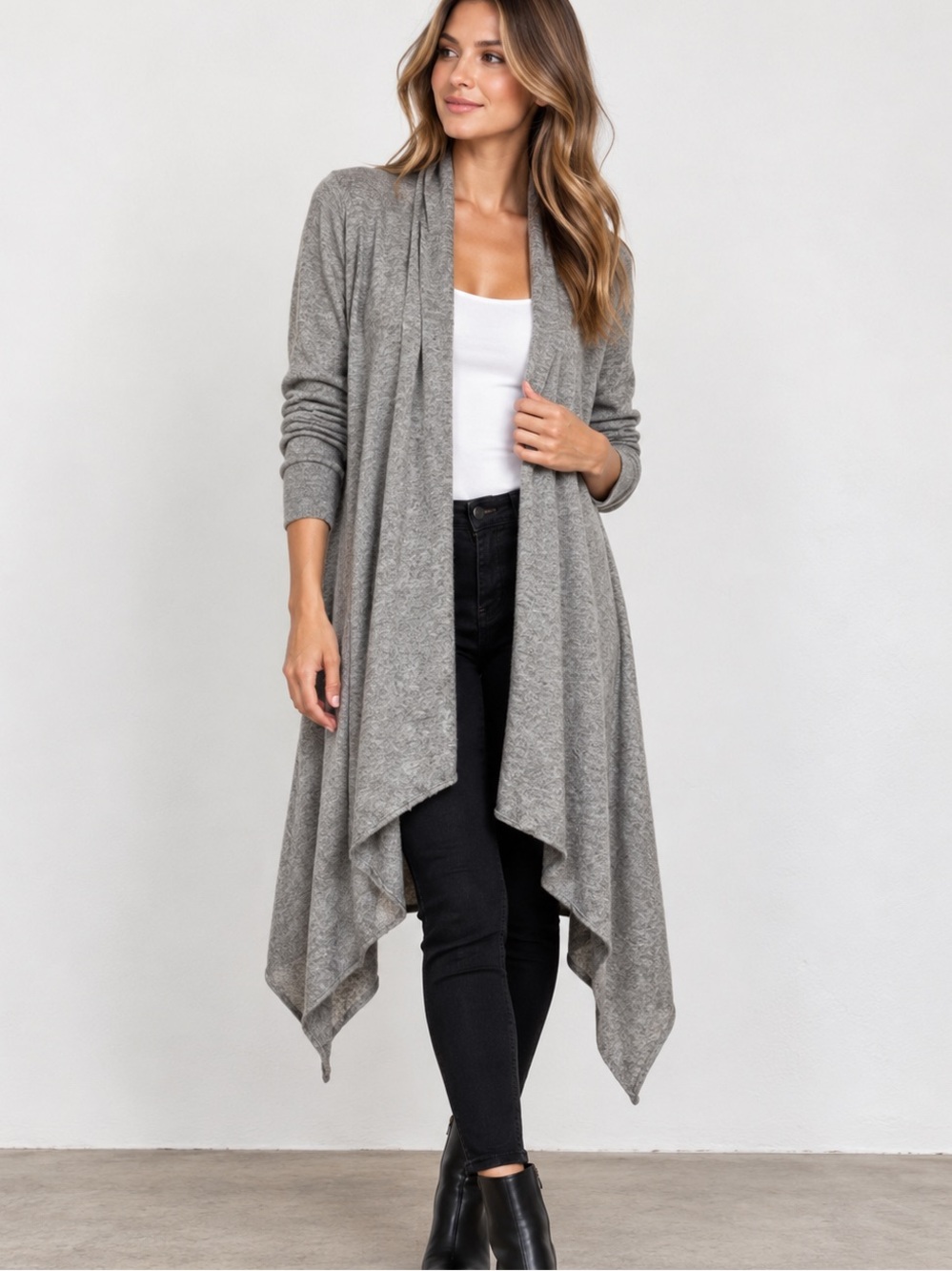 Hugo Boss Gray Open Front Draped Waterfall Cardigan Cashmere Feel S/M